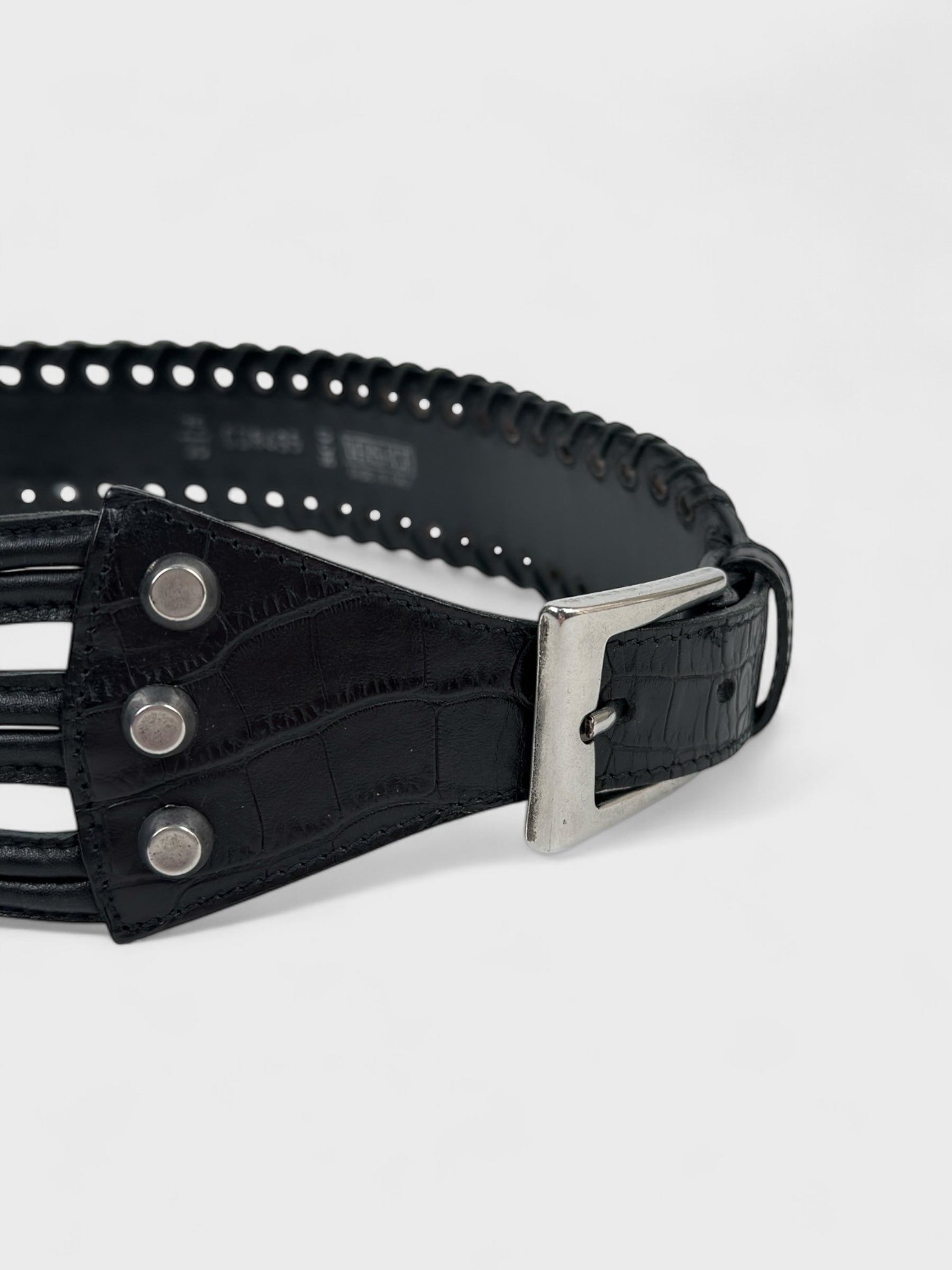 Versace early-2000s black crocodile-effect leather belt with gothic logo buckle.