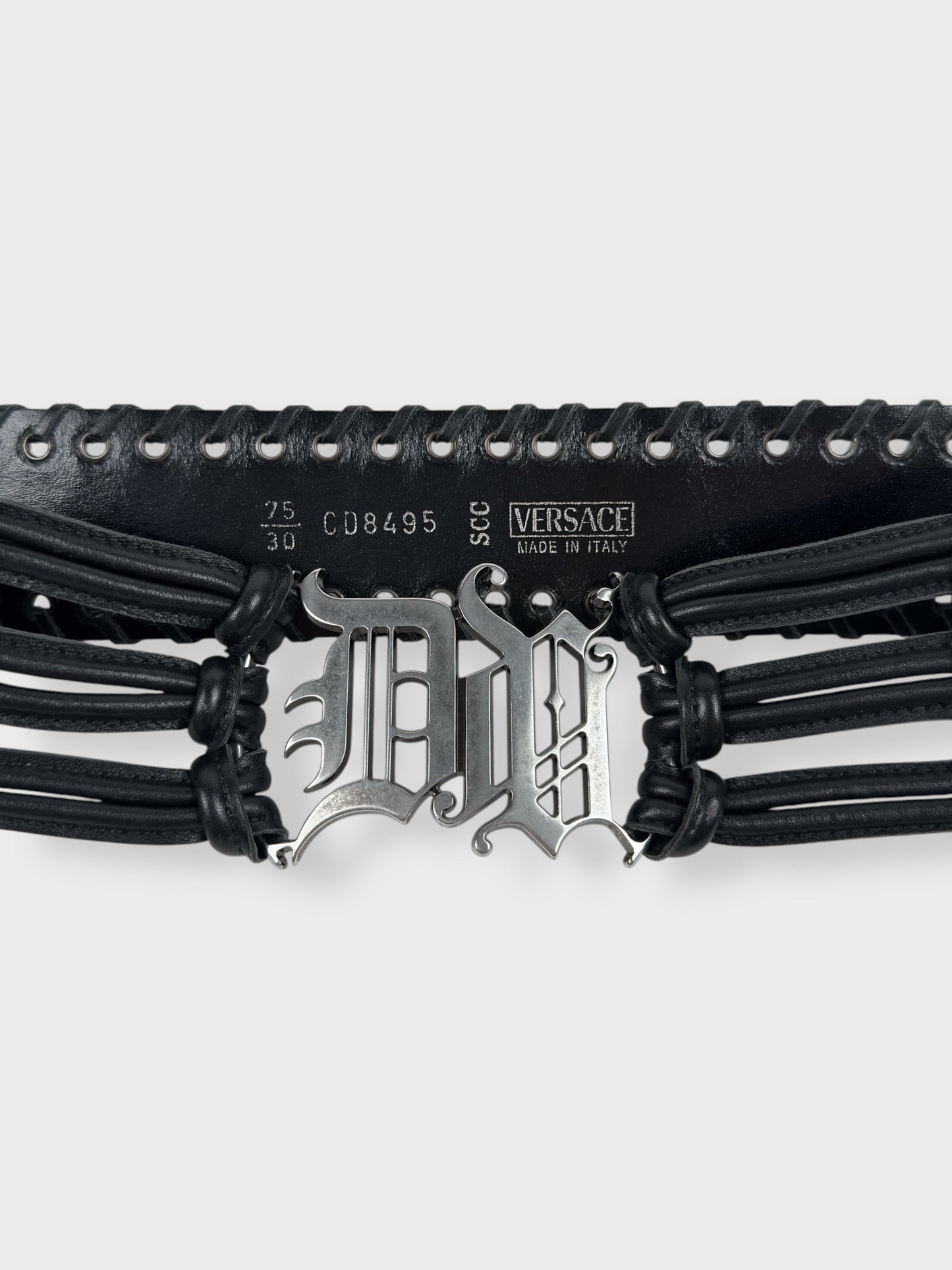 Versace early-2000s black crocodile-effect leather belt with gothic logo buckle.
