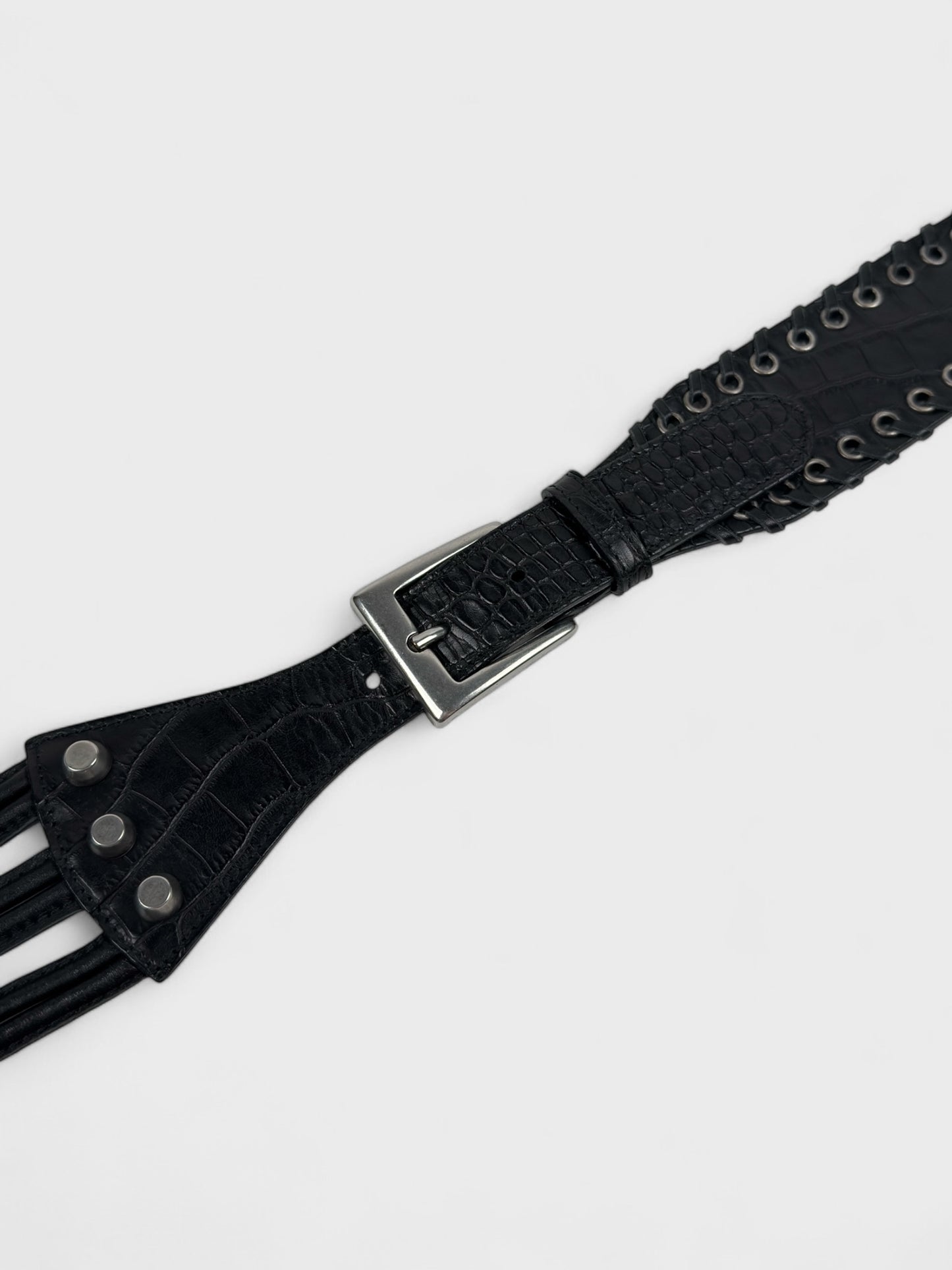 Versace early-2000s black crocodile-effect leather belt with gothic logo buckle.