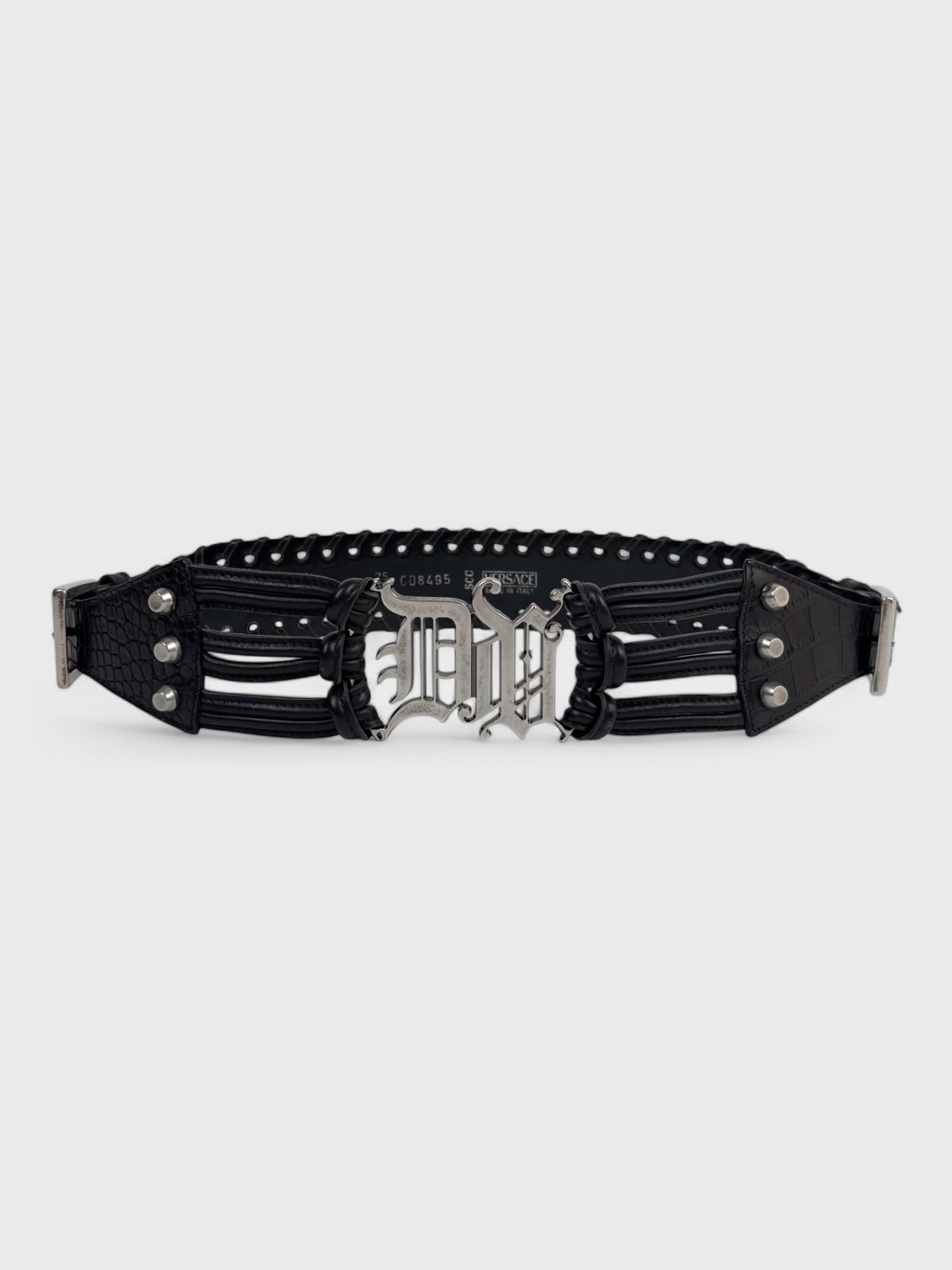 Versace early-2000s black crocodile-effect leather belt with gothic logo buckle.