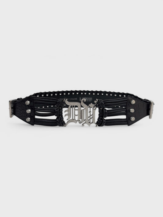 Versace early-2000s black crocodile-effect leather belt with gothic logo buckle.