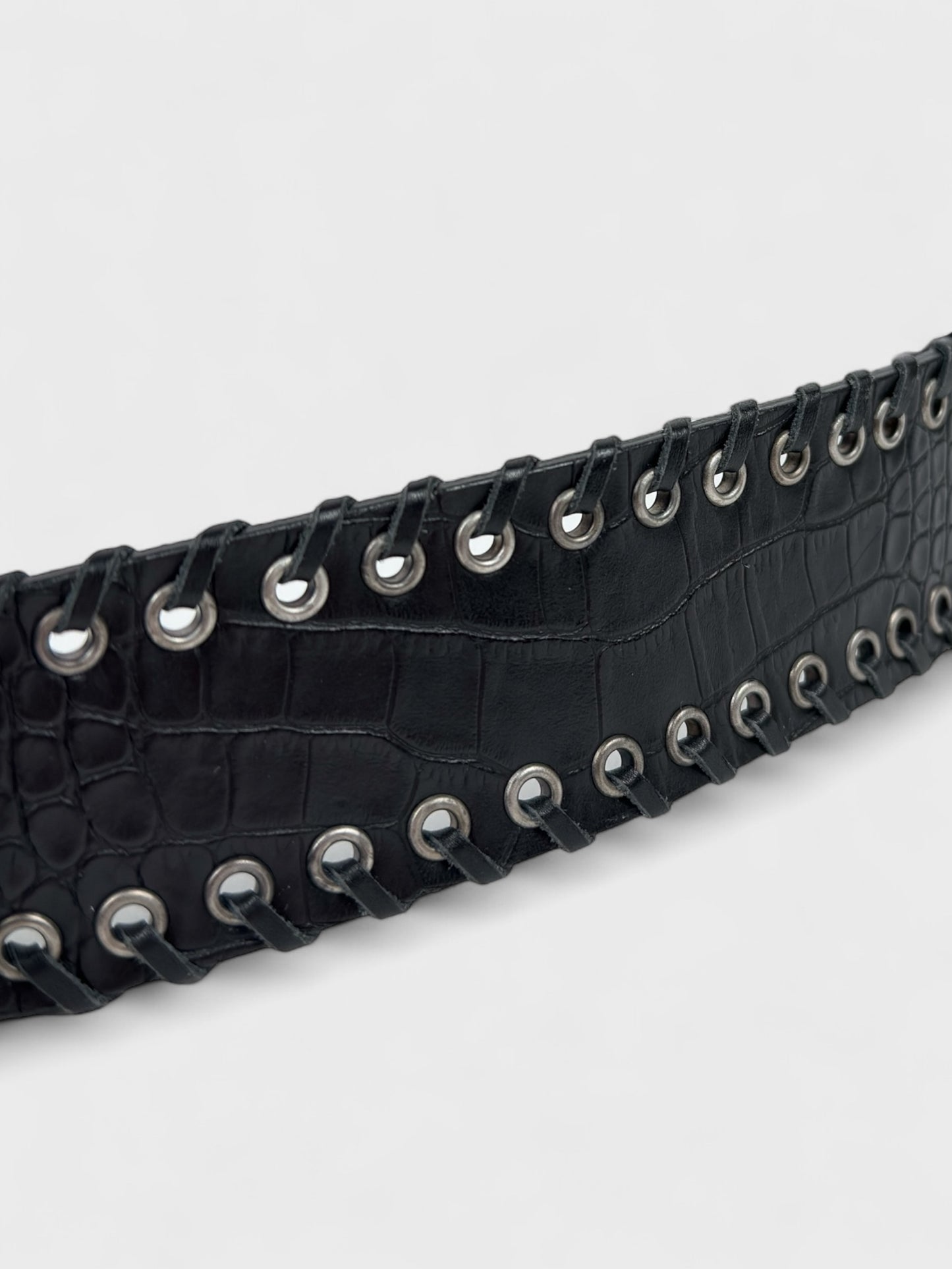 Versace early-2000s black crocodile-effect leather belt with gothic logo buckle.