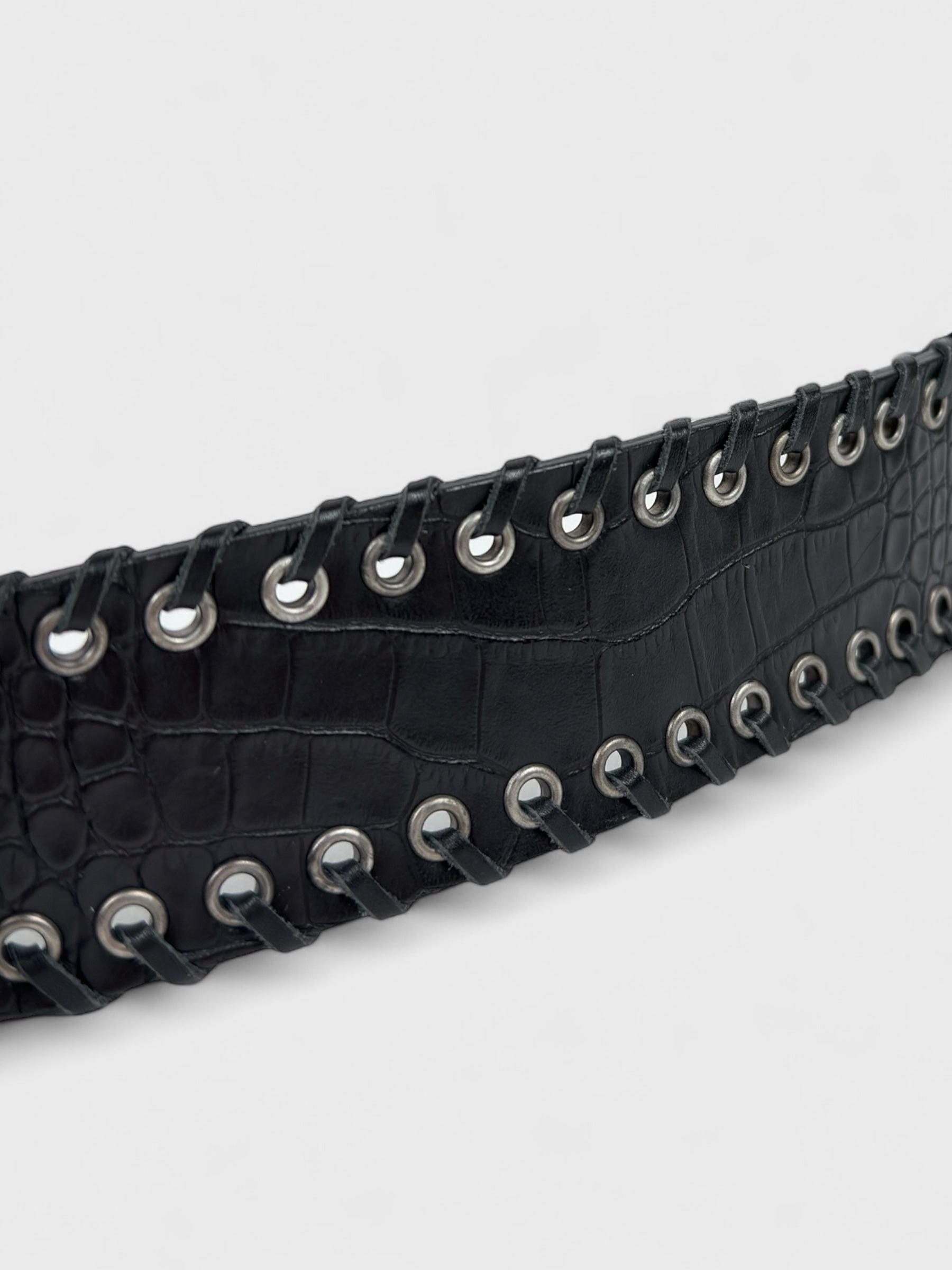 Versace early-2000s black crocodile-effect leather belt with gothic logo buckle.