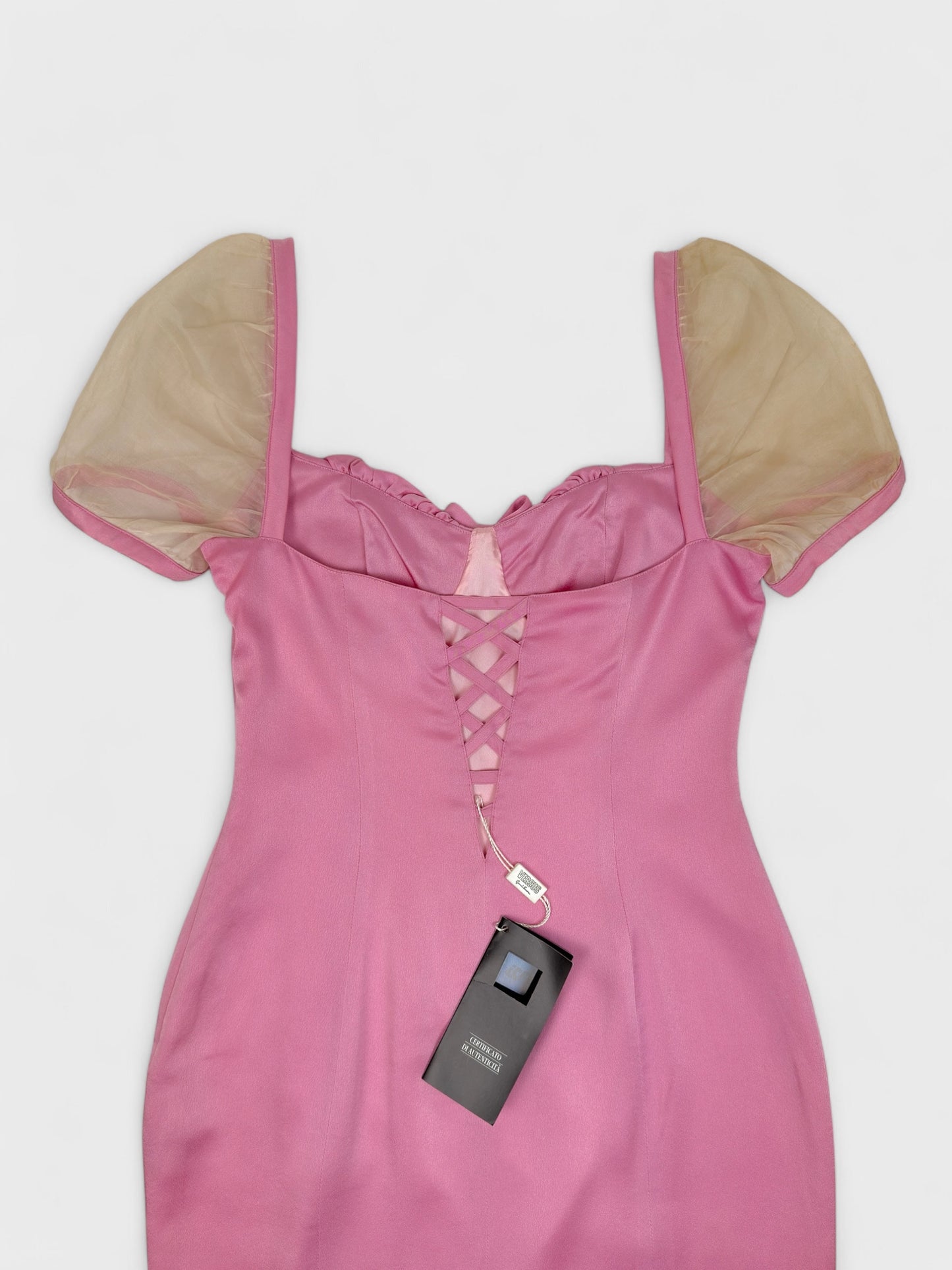 Versus by Gianni Versace 1990s pink satin dress with sheer balloon sleeves and back cut-out.