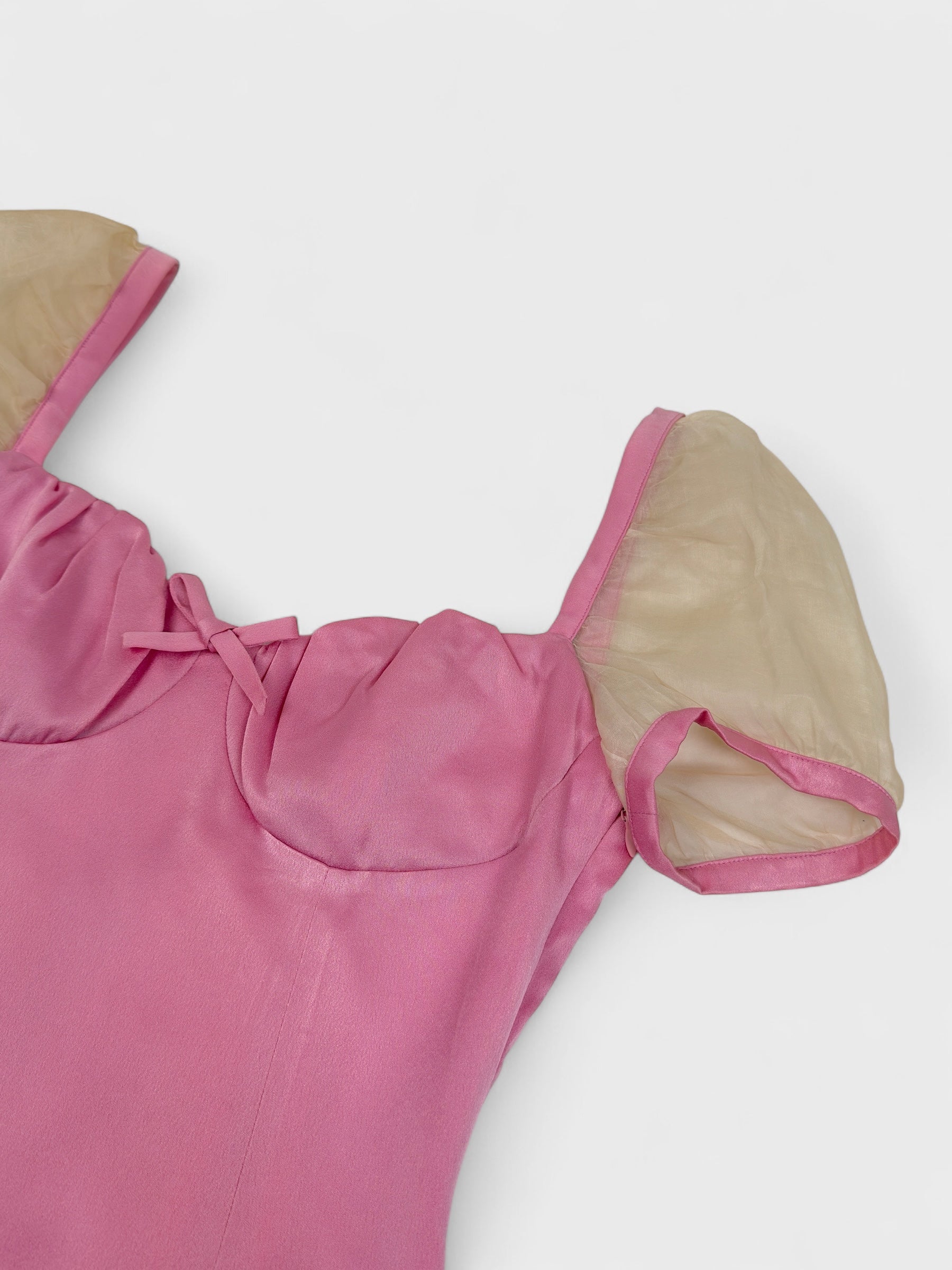 Versus by Gianni Versace 1990s pink satin dress with sheer balloon sleeves and back cut-out.