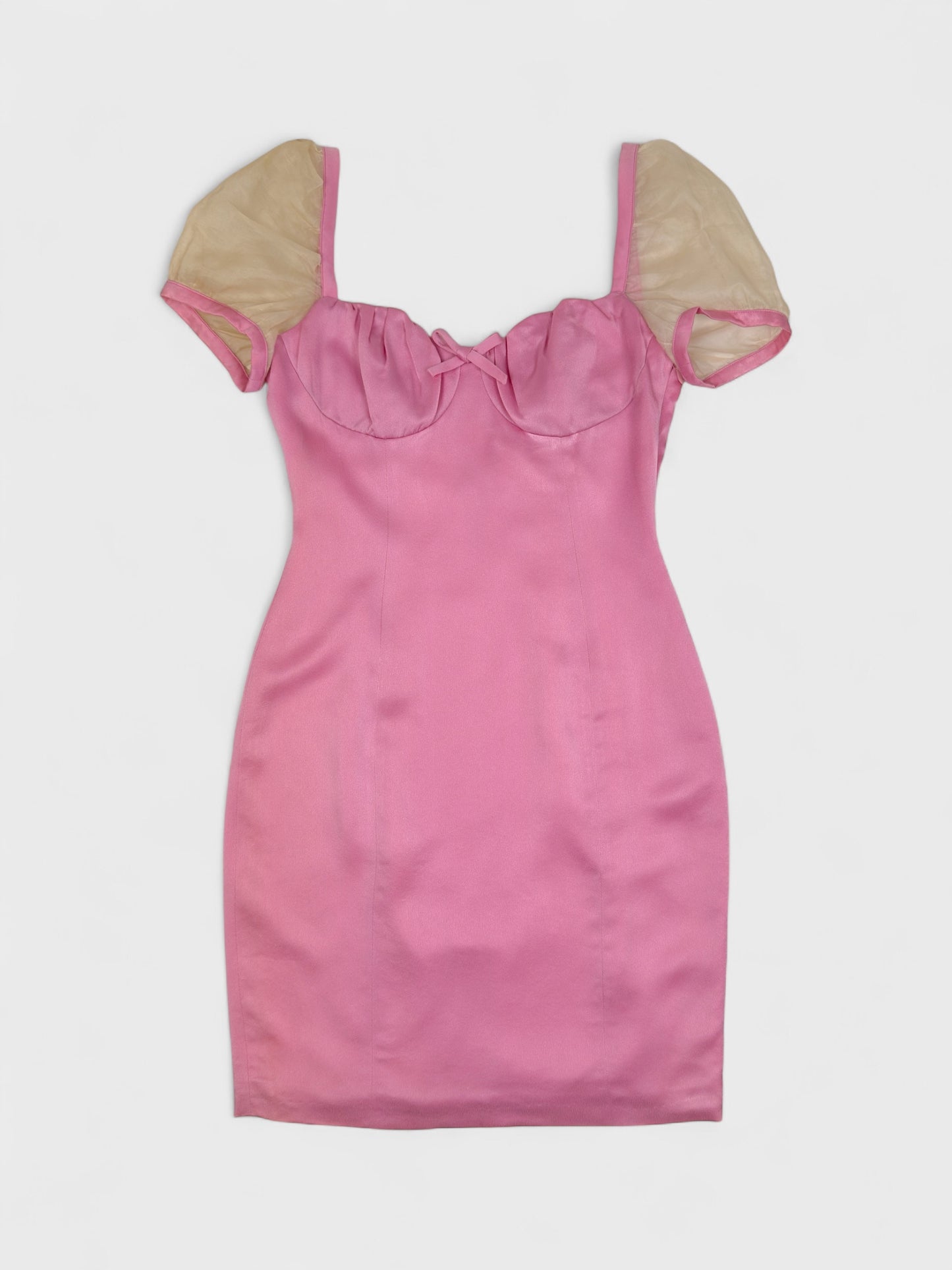 Versus by Gianni Versace 1990s pink satin dress with sheer balloon sleeves and back cut-out.