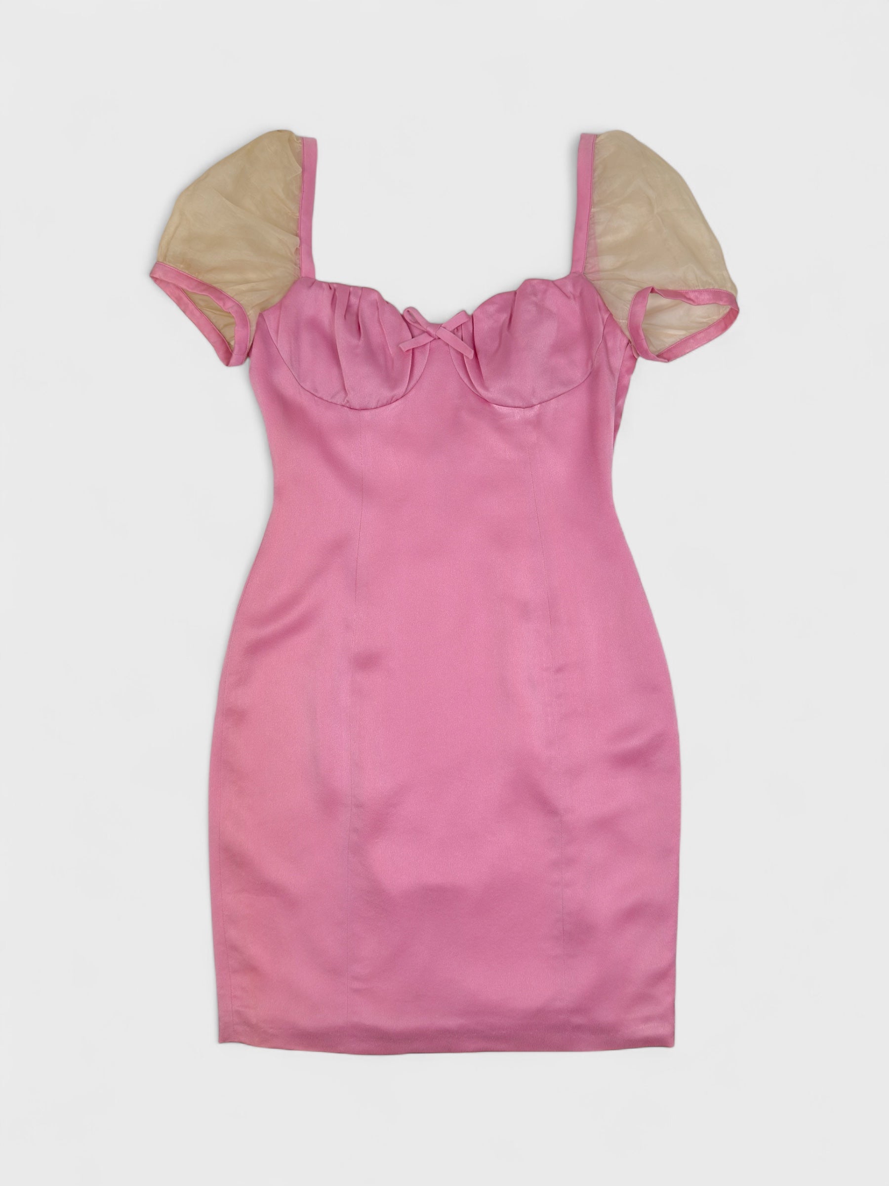 Versus by Gianni Versace 1990s pink satin dress with sheer balloon sleeves and back cut-out.