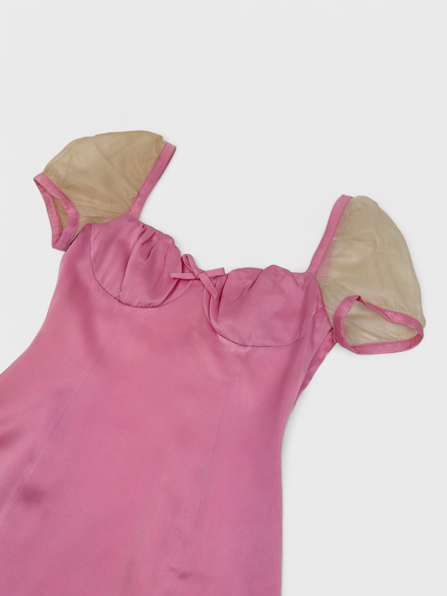 Versus by Gianni Versace 1990s pink satin dress with sheer balloon sleeves and back cut-out.