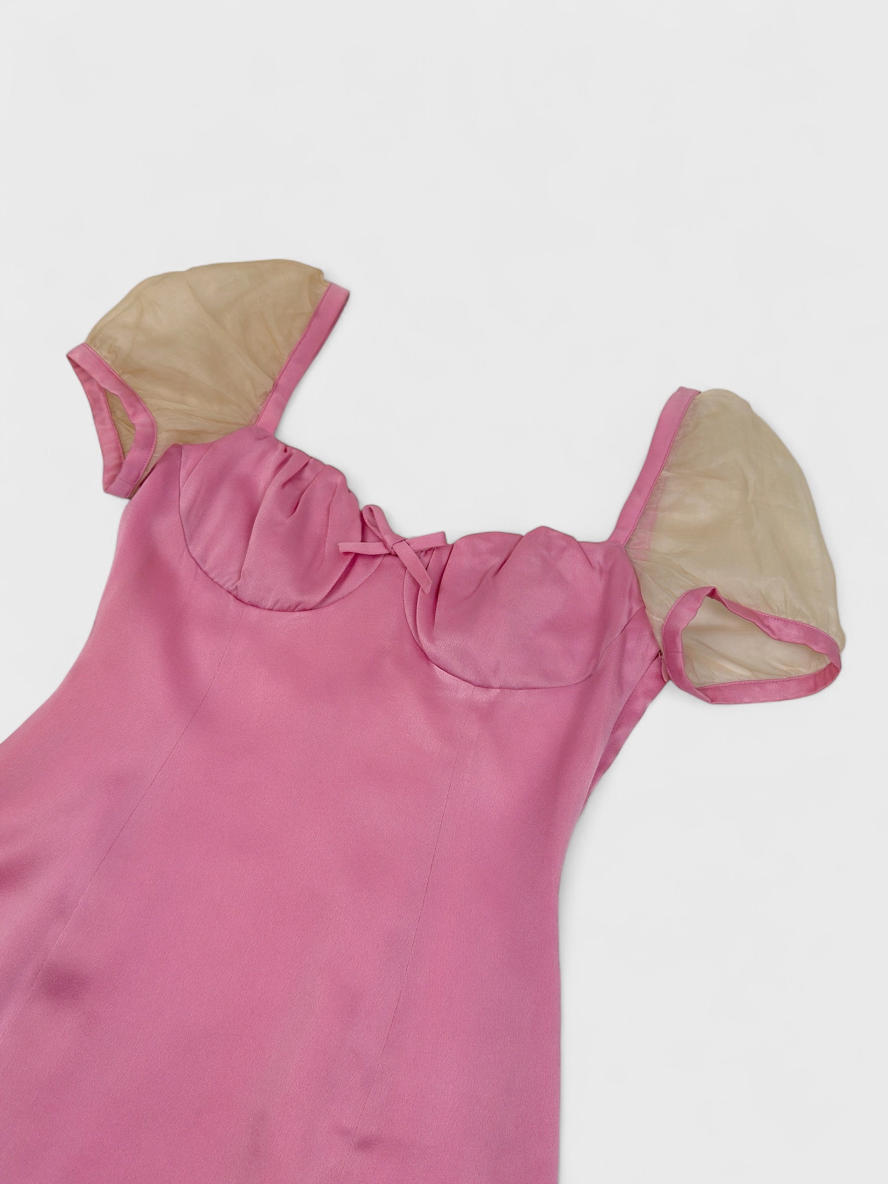 Versus by Gianni Versace 1990s pink satin dress with sheer balloon sleeves and back cut-out.