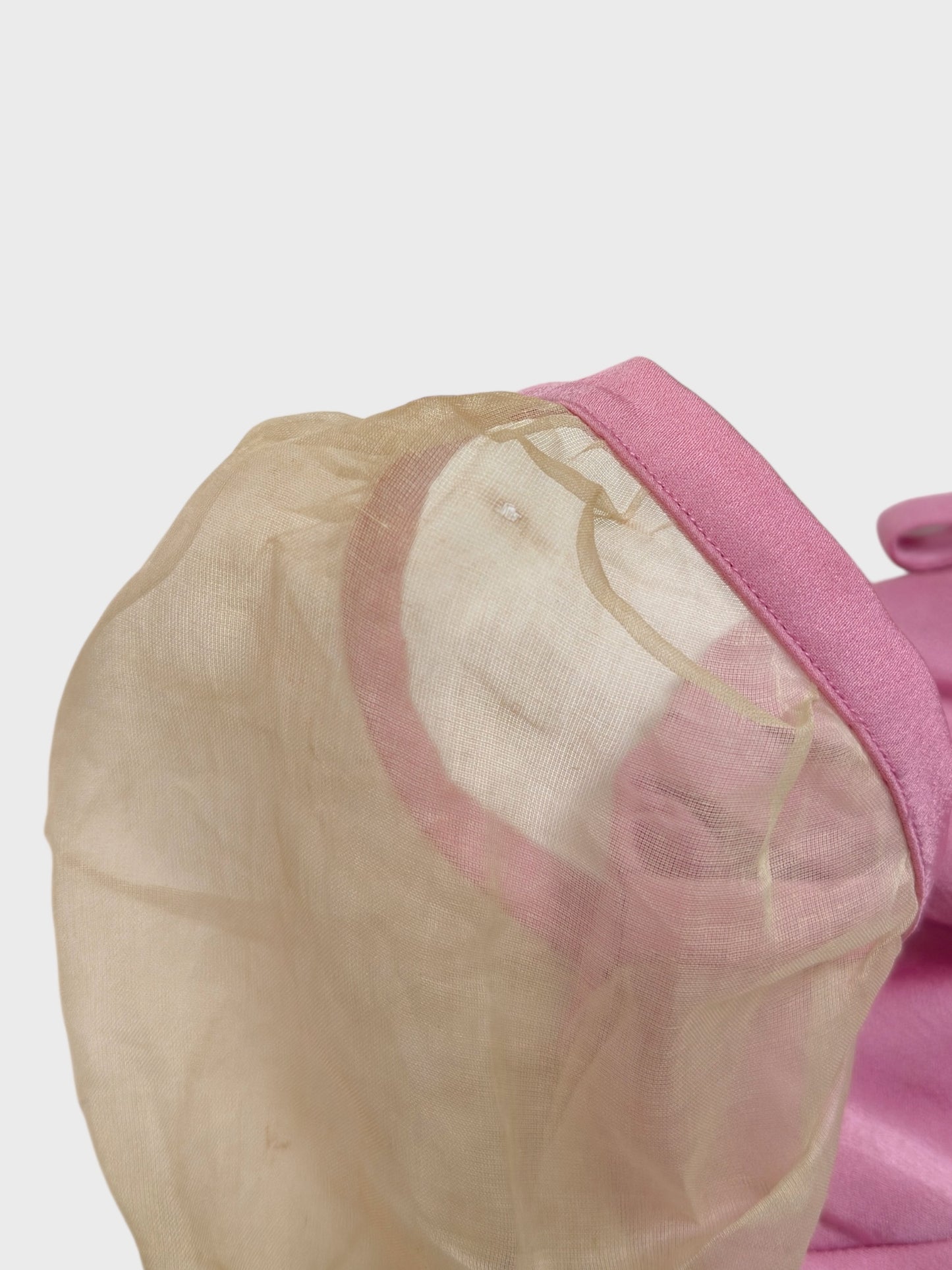 Versus by Gianni Versace 1990s pink satin dress with sheer balloon sleeves and back cut-out.