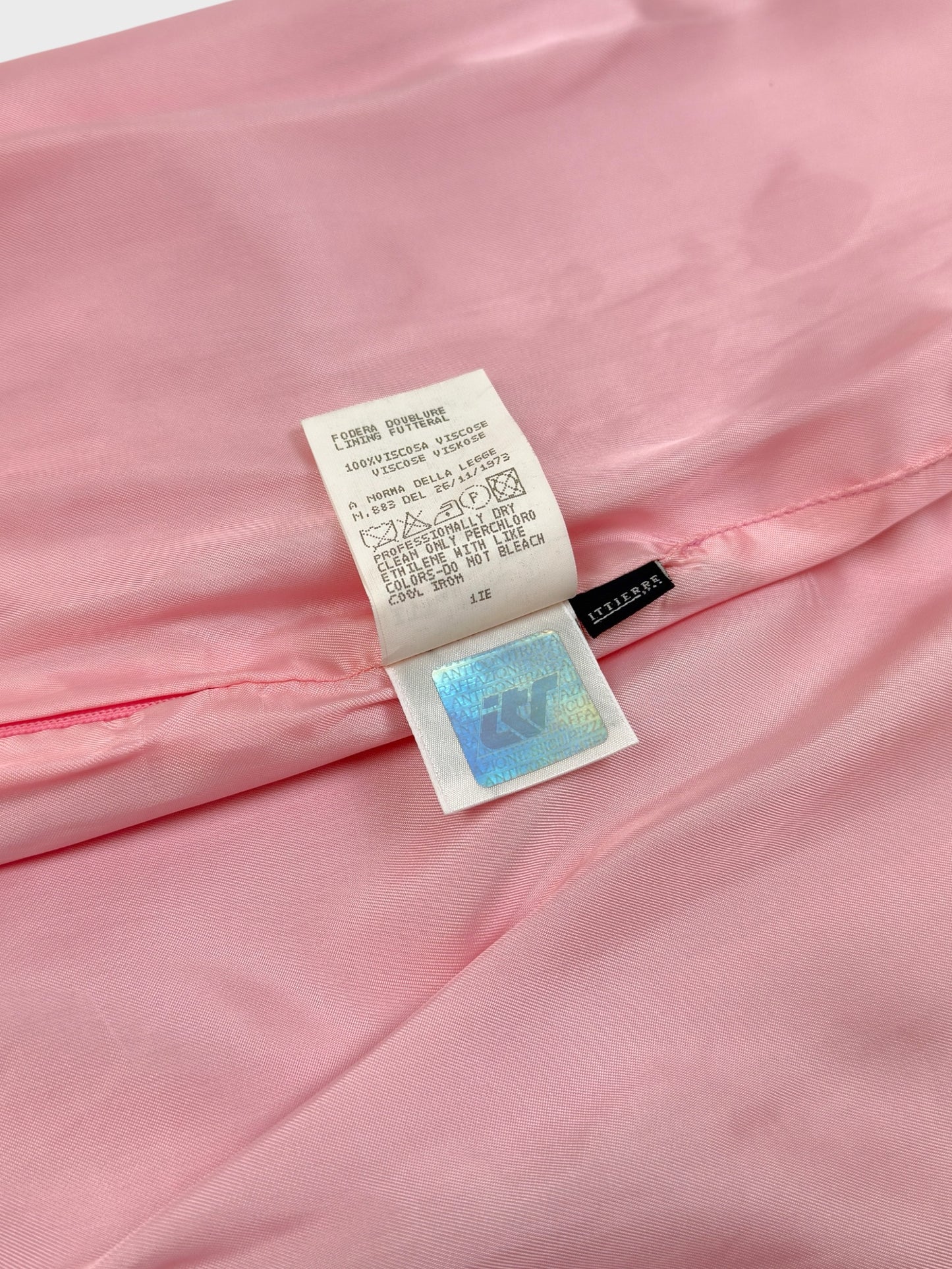 Versus by Gianni Versace 1990s pink satin dress with sheer balloon sleeves and back cut-out.