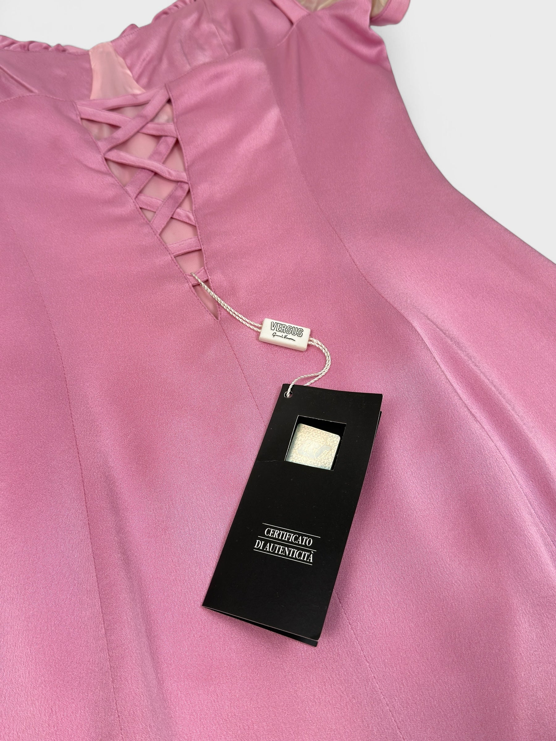 Versus by Gianni Versace 1990s pink satin dress with sheer balloon sleeves and back cut-out.