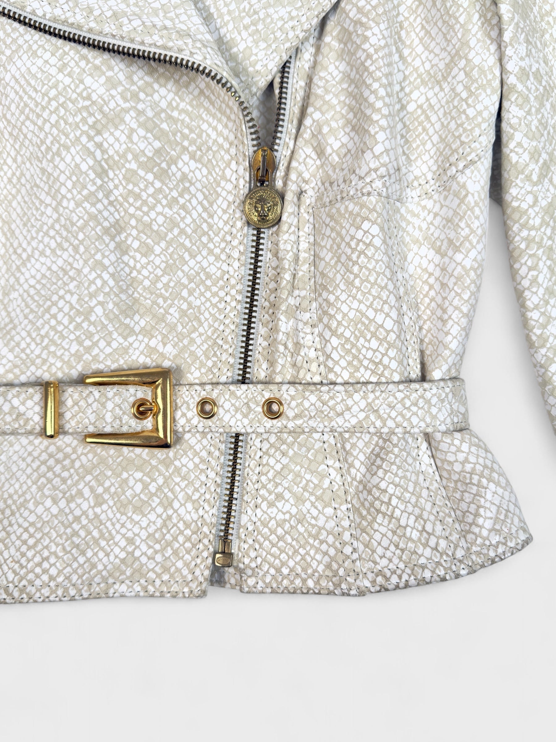 Versus by Gianni Versace 1990s beige python-effect leather jacket with gold hardware.