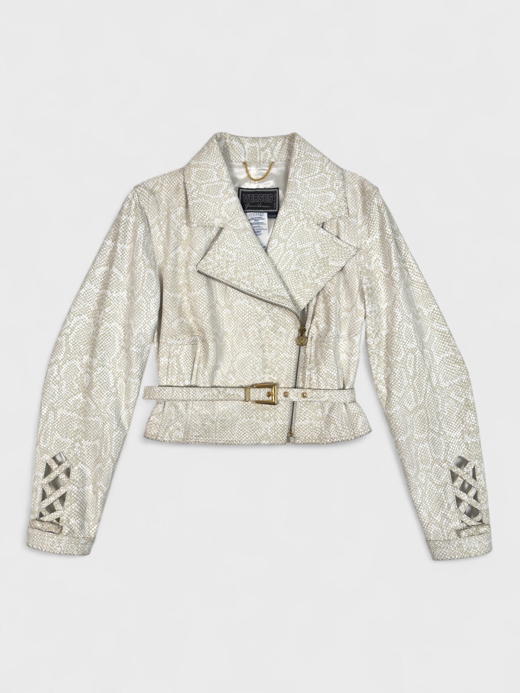 Versus by Gianni Versace 1990s beige python-effect leather jacket with gold hardware.