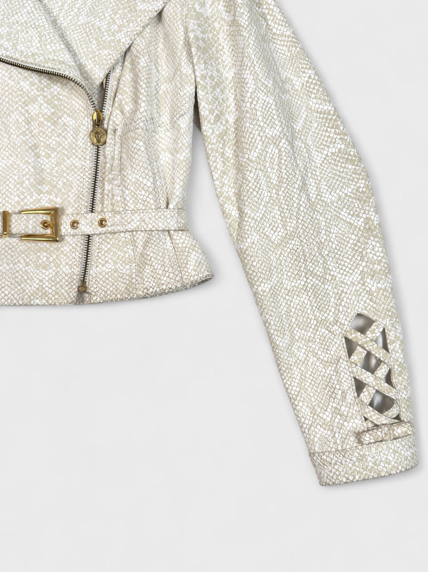 Versus by Gianni Versace 1990s beige python-effect leather jacket with gold hardware.