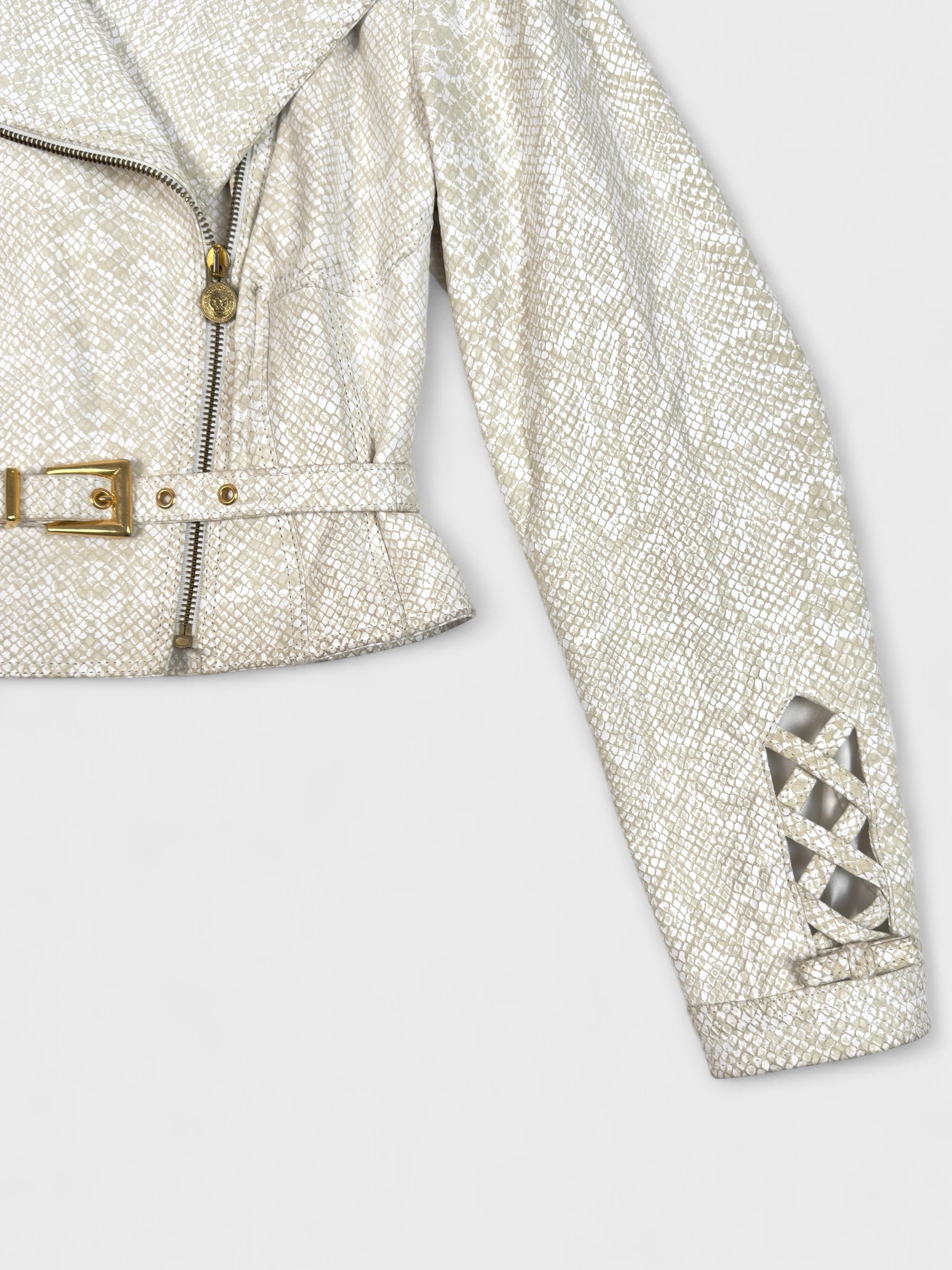 Versus by Gianni Versace 1990s beige python-effect leather jacket with gold hardware.