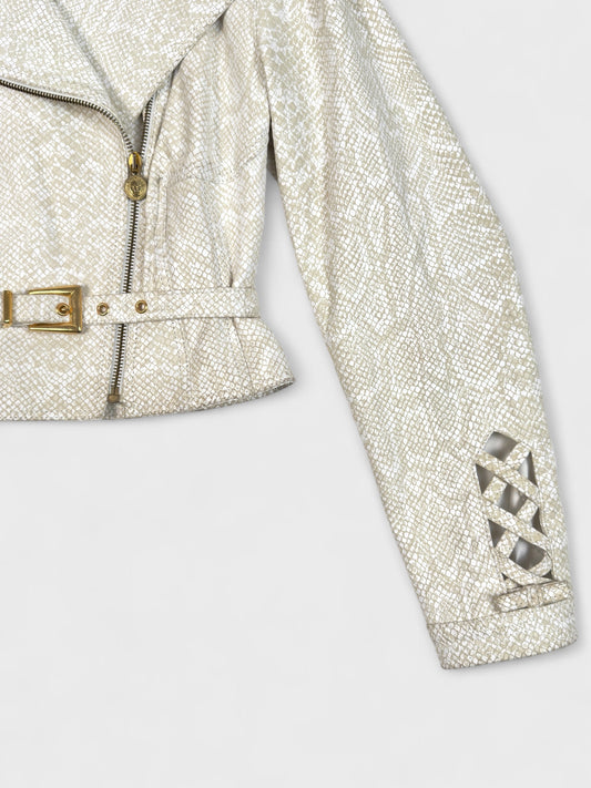 Versus by Gianni Versace 1990s beige python-effect leather jacket with gold hardware.